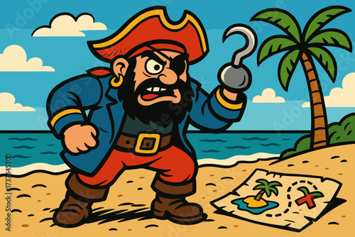 Illustration hand hook fearsome beach pirate vector to map next patch treasure