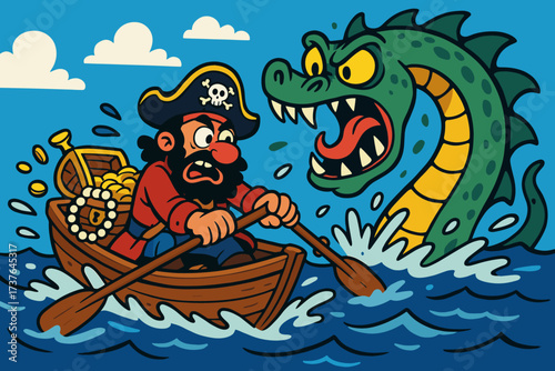 Sea vector boat full giant illustration pirate loot ocean s rowing small