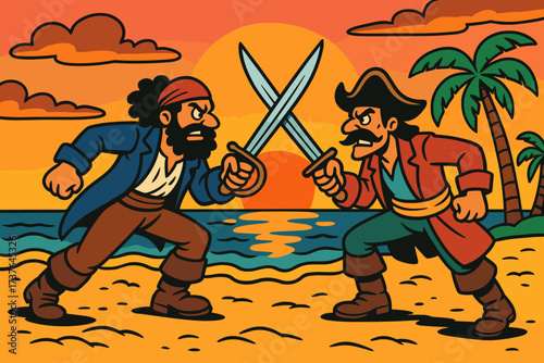 Showdown beach sandy duel vector swords poses pirate illustration crossed sunset