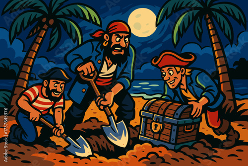 Pirates moonlight trees chest under treasure vector shovels burying illustration palm shining