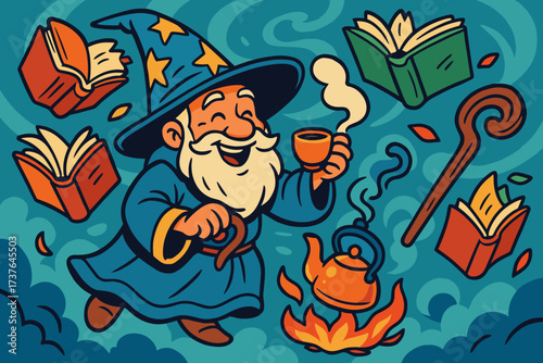 Magical kettle while around s enchanted vector cheerful wizard fly illustration