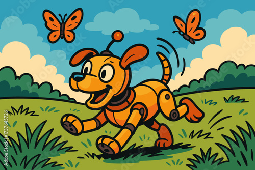 Like butterflies robot antenna illustration chasing wagging dog grassy vector tail playtime