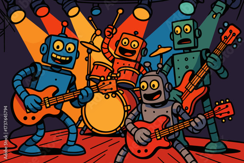 Illustration playing comical guitars stage vector robot spotlights band shining drums performance