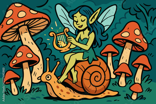 Simple giant shell vector sitting fairy tiny illustration surrounded mushrooms harp snail