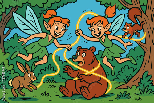 Illustration glowing fairy light playful vector magic pranks ropes mischievous twins animals