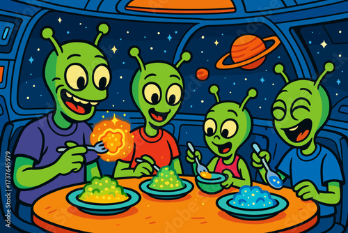 Illustration inside vector alien spaceship food dinner around table family comical