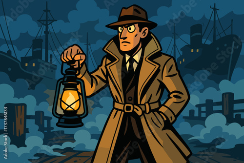 Vector mysterious hand ships foggy illustration background standing detective dockyard