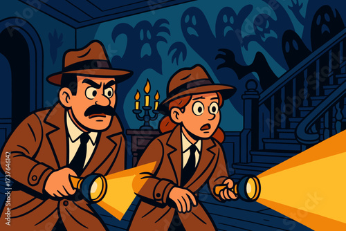 Forming eerie mansion illustration vector investigating haunted duo detectives flashlights shapes