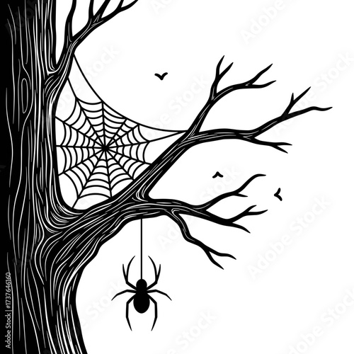 Spider web hanging from old tree branch with surrounding birds  
