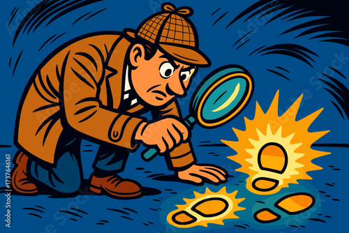 Illustration detective s glowing footprints examining ground glass kneeling mysterious vector