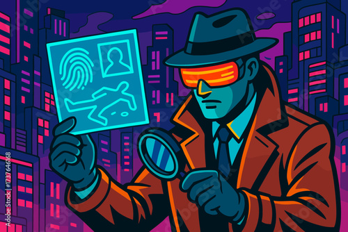 Evidence investigation examining detective city visor glowing holographic futuristic vector illustration