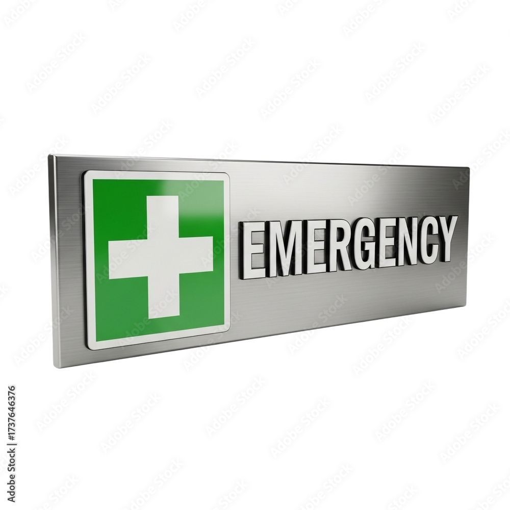 Fototapeta premium Silver metal sign with green and white medical cross and the word emergency isolated on transparent background