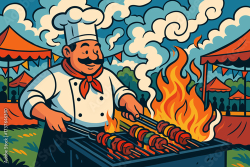 Grilling illustration dramatic skewers smoke comic flair outdoor chef vector
