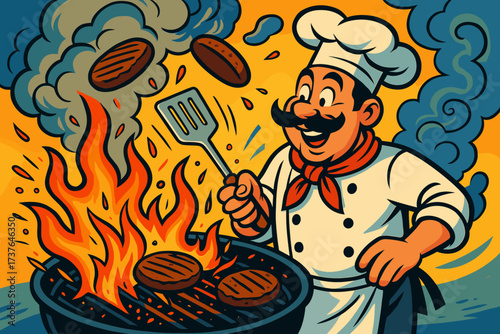 Flying burgers flaming chef sparks flipping upwards vector grill swirling illustration