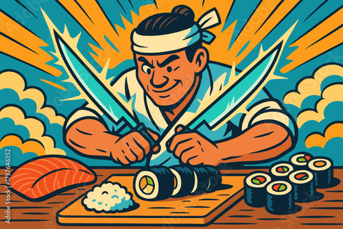 Chef artistry glowing fish illustration rice neatly elegant vector rolls displayed sushi