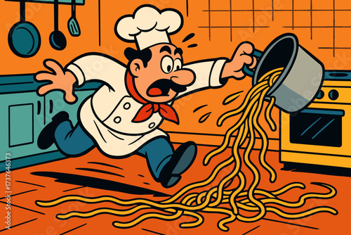 Chasing spaghetti across chef scene runaway floor vector kitchen comical illustration frenzy