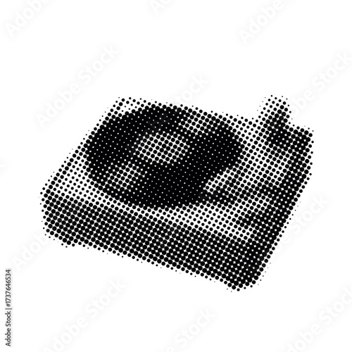 Halftone style retro turntable illustration with vinyl record on turntable