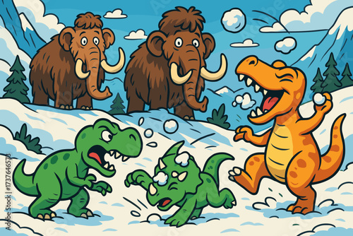 Watching vector play prehistoric icy dinosaurs playful illustration fight comically snowball