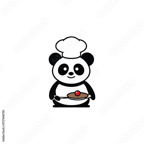Cute panda chef cooking pancakes with cherry topping adorable animal character culinary hobby