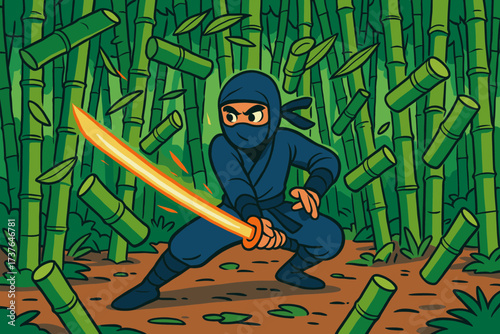 Training illustration s vector forest ninja katana slicing glowing bamboo multiple