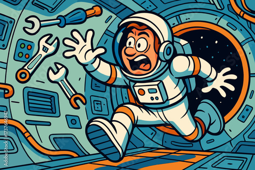Tools antics astronaut illustration exaggerated chasing spacecraft comical cabin inside vector