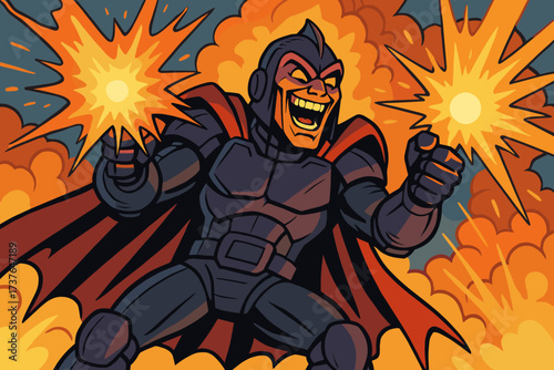 Firing villain laughing while illustration energy unleashed futuristic blasts armor glowing vector