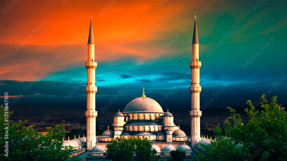 Obraz premium A photorealistic image of a mosque with two tall minarets against a vibrant split-color sky.