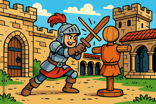 Training wooden courtyard s inside dummy playful medieval knight vector illustration practice