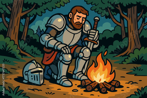 Forest vector knight kneeling helmet campfire s armor illustration nearby resting