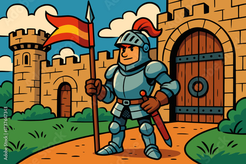 Vibrant lance gates castle front banner standing vector illustration guarding knight guard