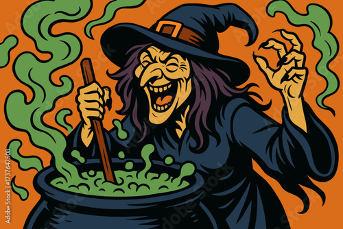 Swirling wickedly illustration cauldron around her smoke laughing vector wicked witch