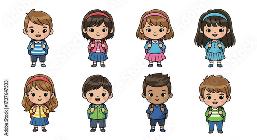 Diverse Group of Adorable Cartoon Children with Backpacks Ready for School and Adventure