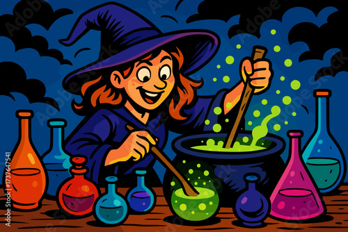 Across potion s bottles illustration wooden vector table witch glowing scattered colorful