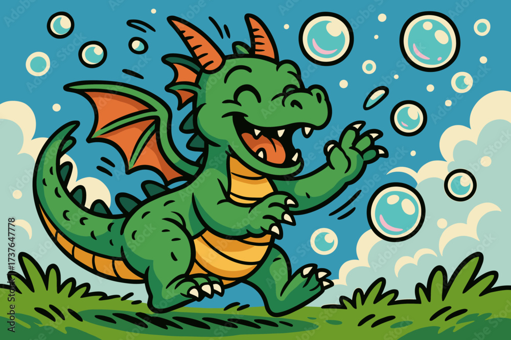 Obraz premium Vector playing small play expression bubble wings dragon illustration cheerful flapping bubbles