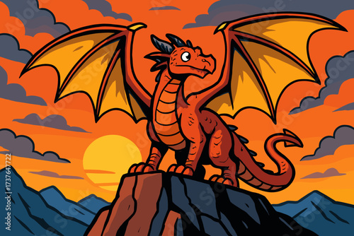 Glowing cliff spread against vector perched illustration sunset wings dragon mountain s