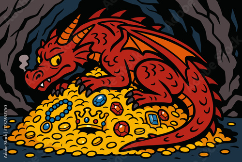 Curled treasure vector around inside s jewels dragon illustration coins cave