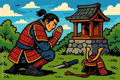 Before samurai helmet ground illustration placed kneeling shrine vector reverence respect