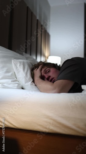Vertical screen man lies awake in bed overwhelmed with many thoughts in his head unable to sleep looking tired and restless symbolizing insomnia stress mental tension and overthinking