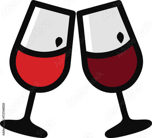 Two cartoon glasses of red wine clinking together in celebration