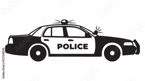 Stylized Black and White Illustration of a Police Car with Emergency Lights and Text