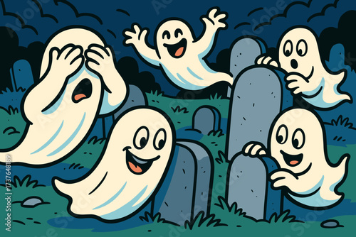 Playing behind group playful illustration ghosts hide vector silly seek gravestones