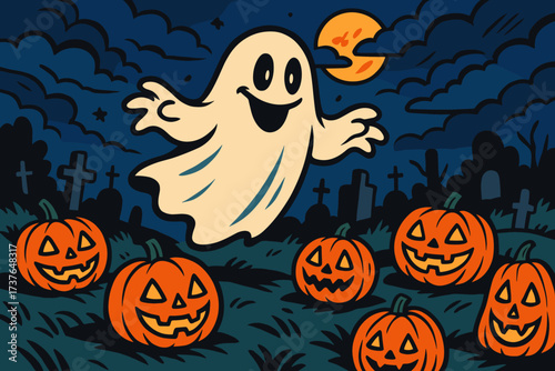 Spectacle scattered spooky ghost vector glowing around floating illustration gradient graveyard above
