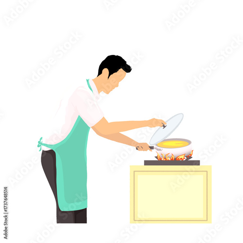 a man cooking in a kitchen without a background