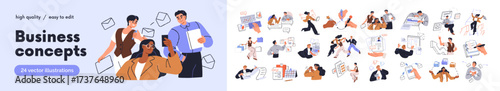 Business concepts, office work, professional icons set. Job success, communication, management, planning, developing strategy, corporate team. Flat vector illustration isolated on white background