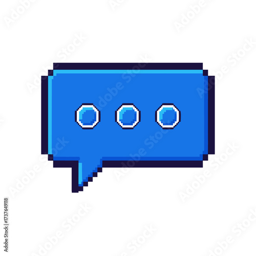 Pixelated blue speech bubble icon with three dots symbolizing a message or conversation in a retro digital art style.