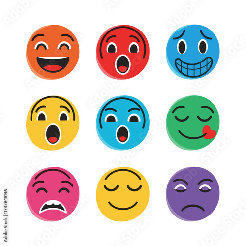 A diverse collection of nine round smiley faces each displaying a distinct emotion and color.
