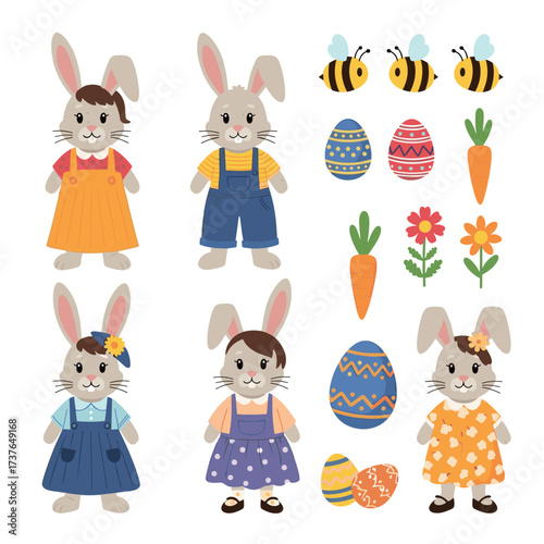 Cute easter bunnies with colorful eggs carrots and bees for spring celebration.