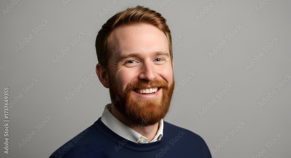 Obraz premium Portrait of a Happy and Confident Young Professional Man Smiling Genuinely Business Headshot Corporate Leader Success Authentic Redhead Man Positive Attitude Leadership Growth
