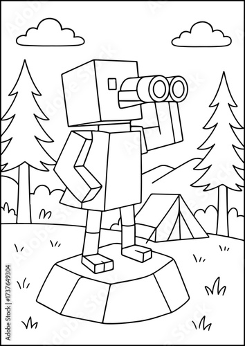 A blocky bird birdwatching with binoculars in the forest, created as a fun black-and-white coloring page.