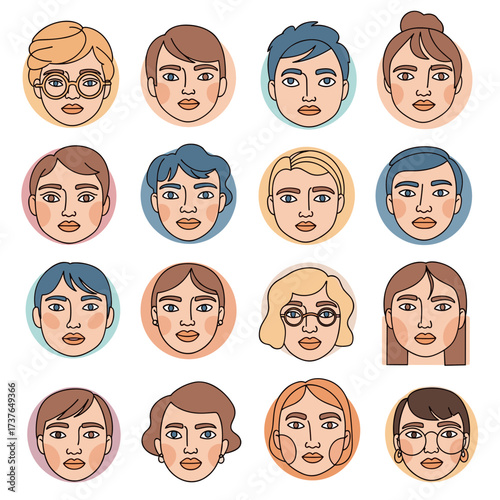Diverse group of illustrated faces representing different people and ethnicities.